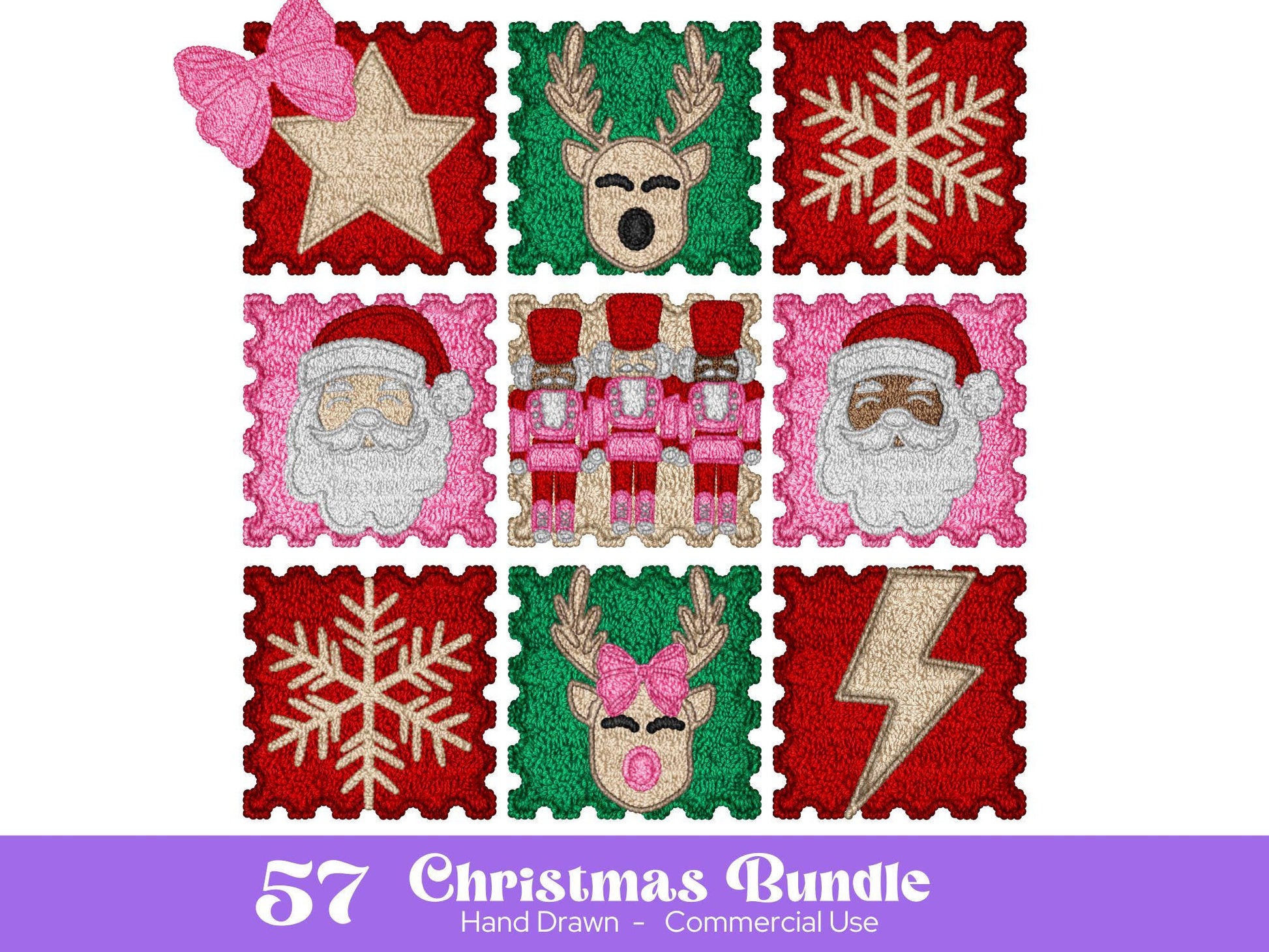 Faux Yarn PNG Bundle: Christmas Clipart, Hand Drawn Santa, Reindeer