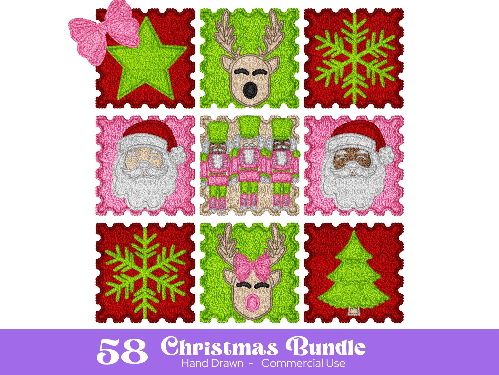 Faux Yarn PNG Bundle: Christmas Clipart, Hand Drawn Santa, Reindeer