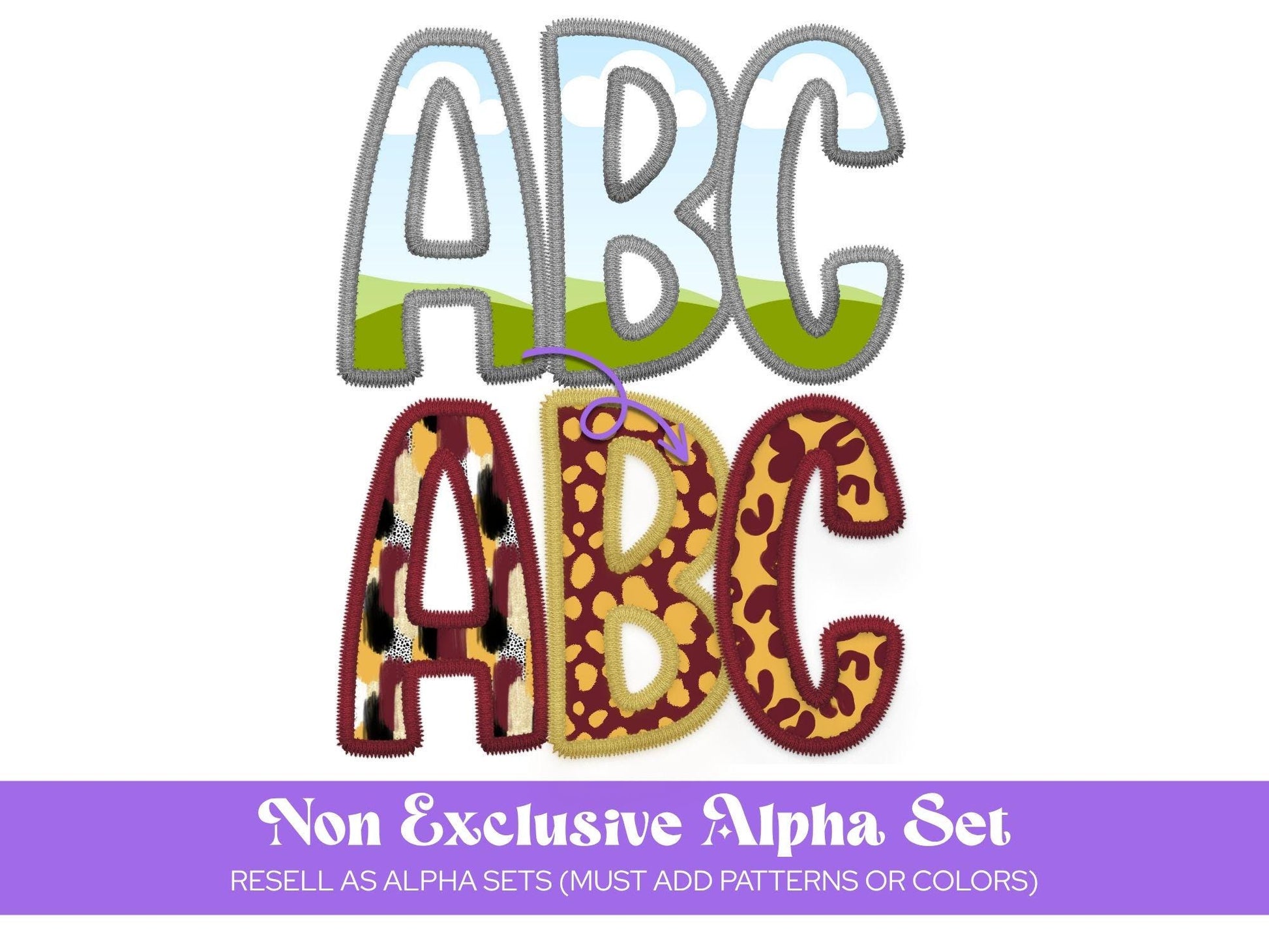 Faux Embroidery Hand Drawn Alphabet Sublimation Letters: Frame, Commercial Use