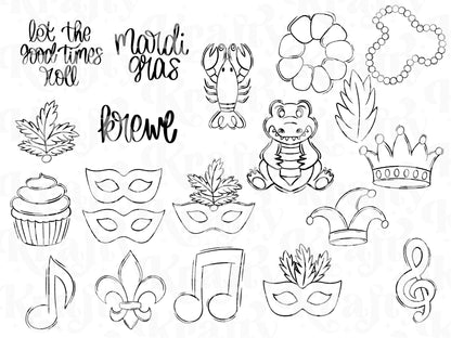 Mardi Gras Brush Stamps: Preppy Hand Drawn Commercial Use (Digital Download)