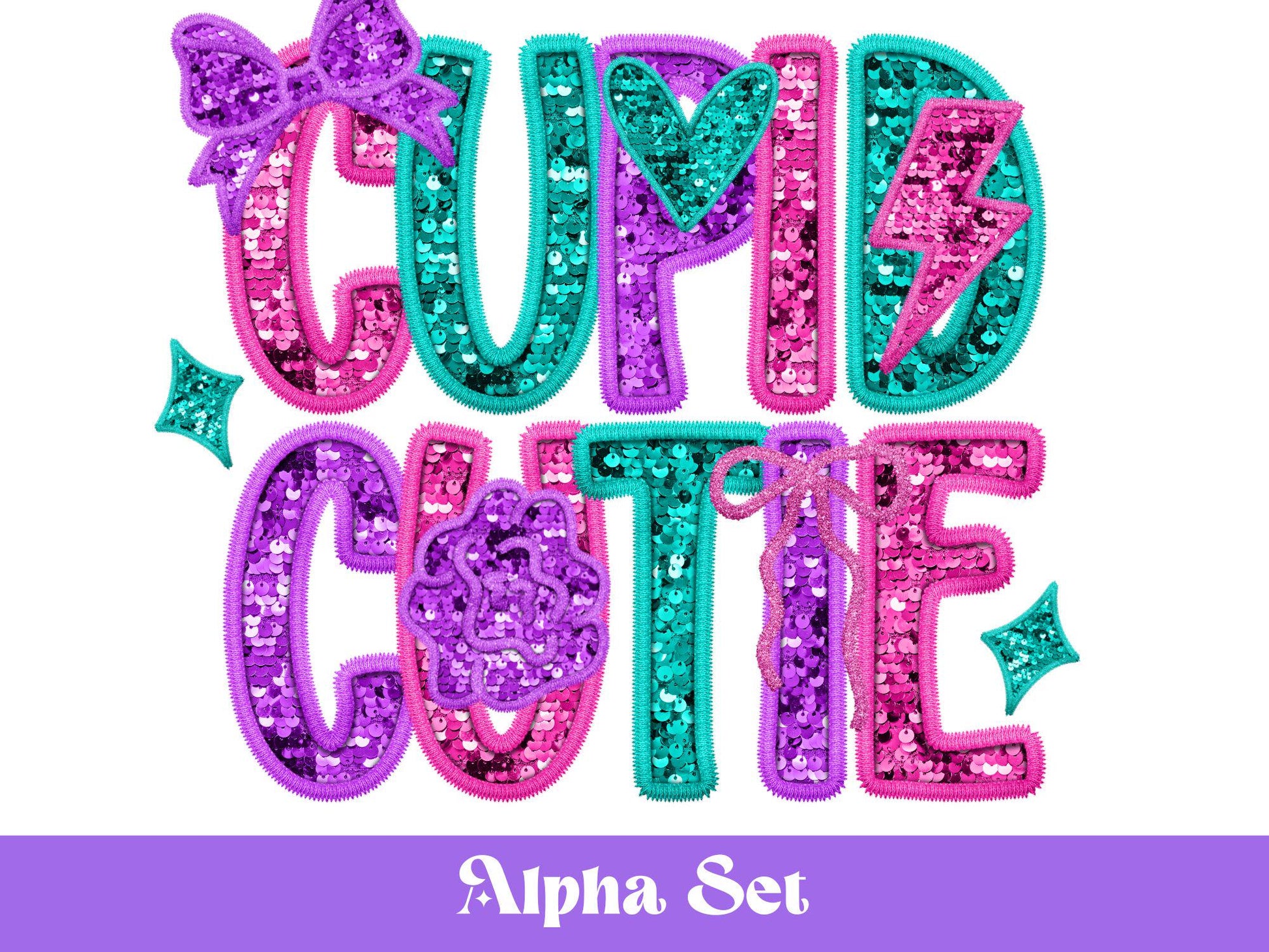 Valentine's Faux Embroidery Sequin Alphabet PNG Bundle, Letter Clipart, Hand Drawn