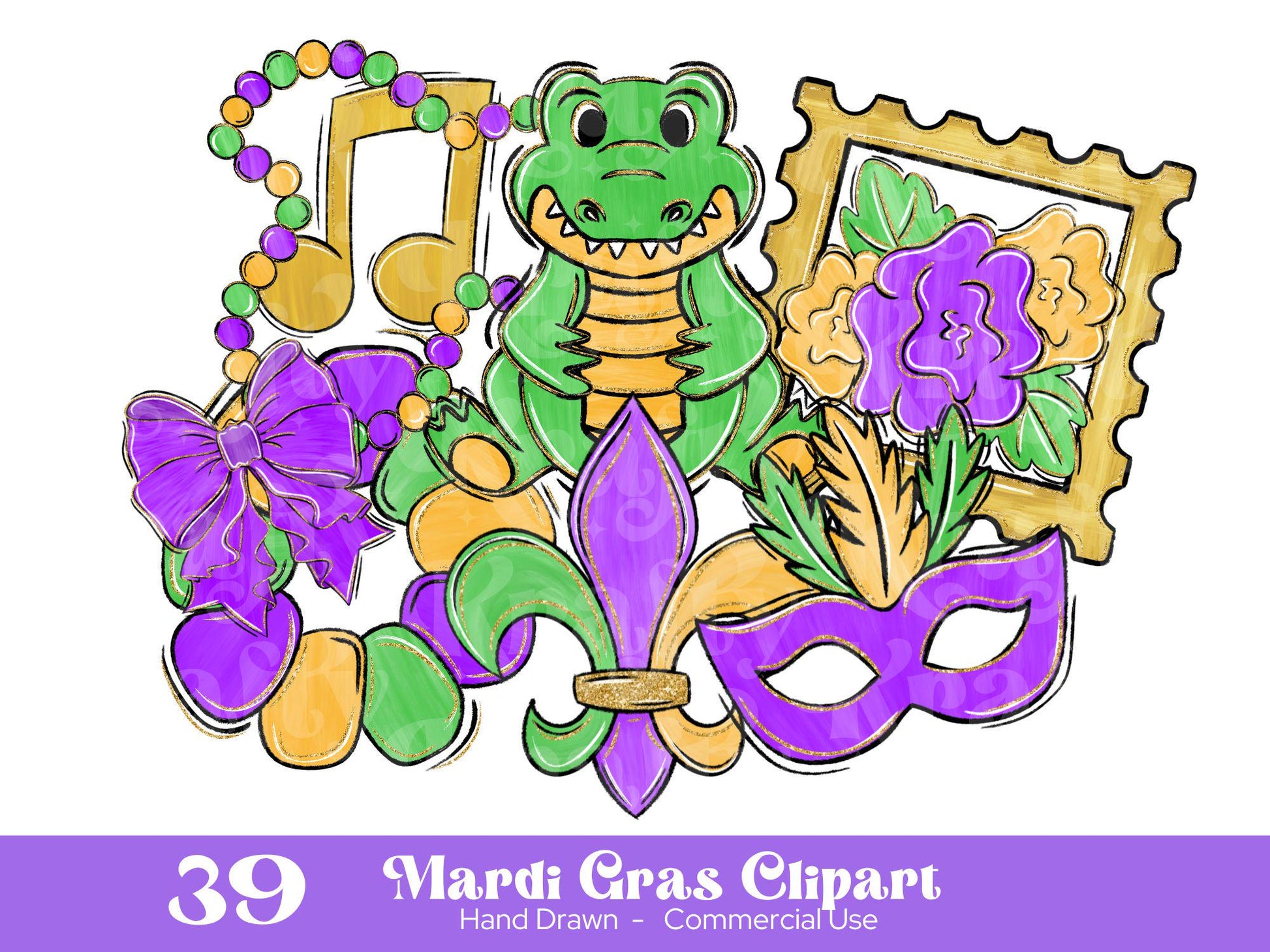 Mardi Gras Clipart PNG Bundle: Hand Drawn, Crawfish, Fleur de Lis (Commercial Use Allowed)