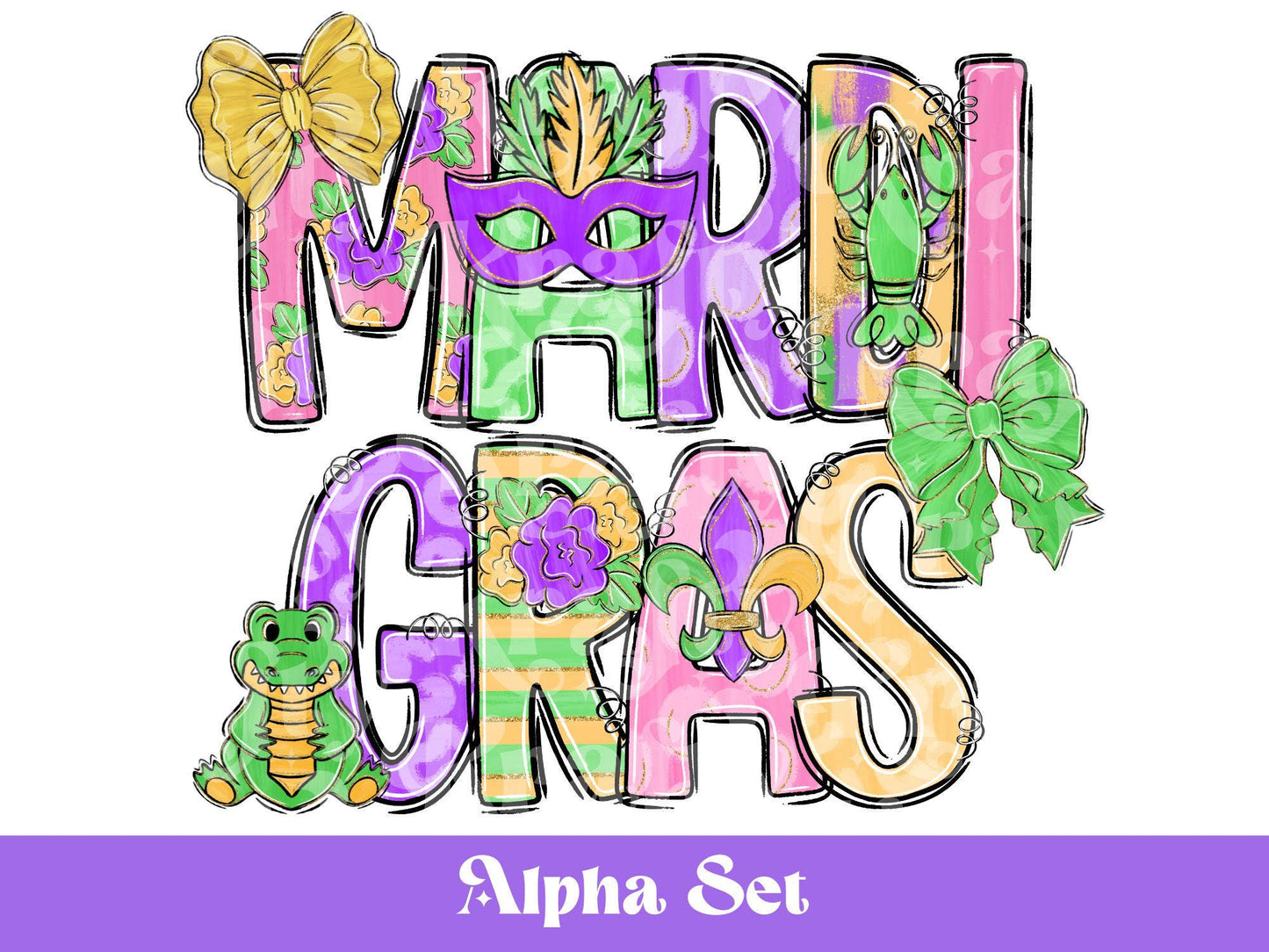 Mardi Gras Alphabet PNG: Hand Drawn Clipart Bundle (Digital Download)