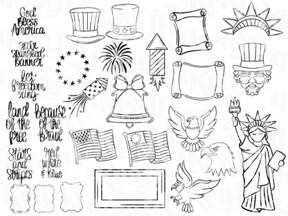 4th of July Brush Stamps: Preppy, American Hand Drawn Commercial Use