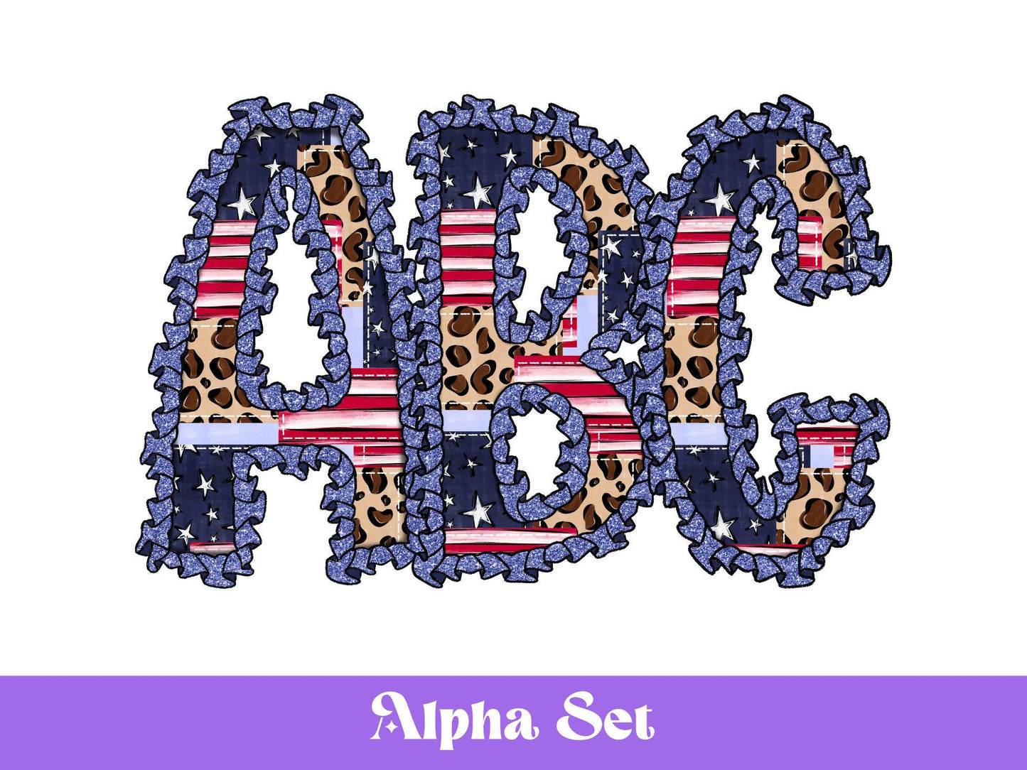 Patriotic Leopard Print Alpha Doodle Letter Clipart, Preppy Alphabet, PNG, 4th of July, Patchwork