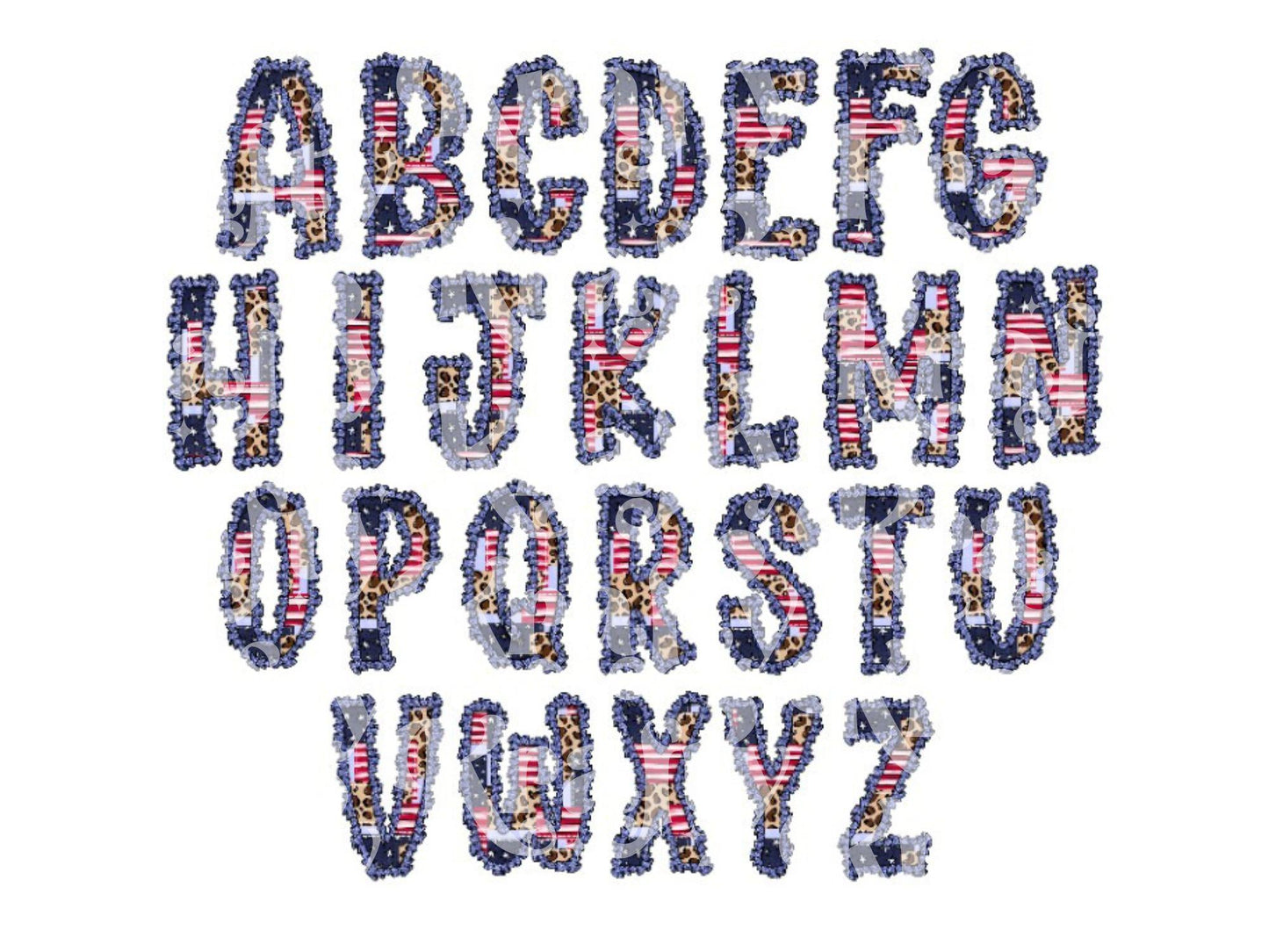 Patriotic Leopard Print Alpha Doodle Letter Clipart, Preppy Alphabet, PNG, 4th of July, Patchwork
