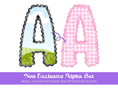 Lace Alpha Canva Frames: Doodle Letter Alphabet Set PNG