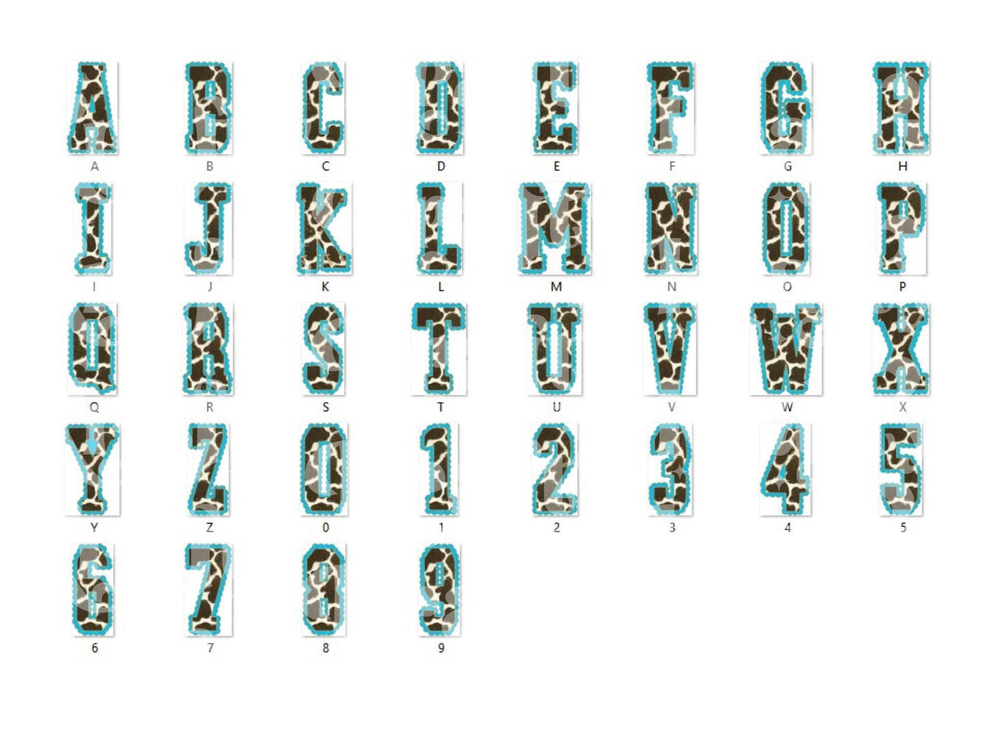 Cow Print Western Doodle Alpha Set, Alphabet Letters: PNG Clipart, Commercial Use