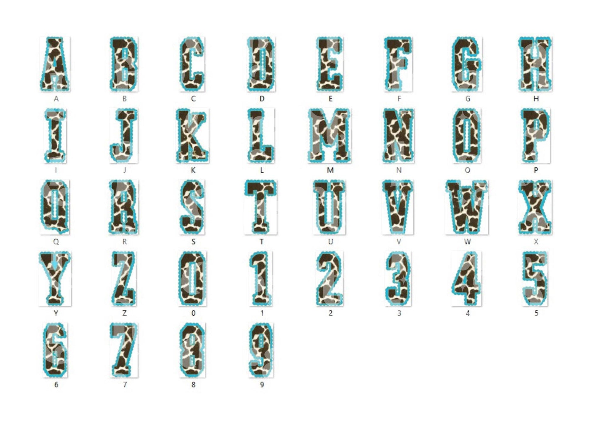 Cow Print Western Doodle Alpha Set, Alphabet Letters: PNG Clipart, Commercial Use