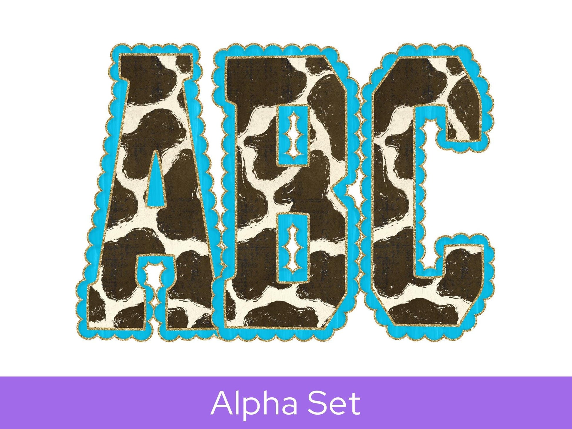 Cow Print Western Doodle Alpha Set, Alphabet Letters: PNG Clipart, Commercial Use