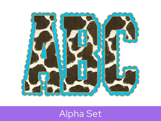 Cow Print Western Doodle Alpha Set, Alphabet Letters: PNG Clipart, Commercial Use
