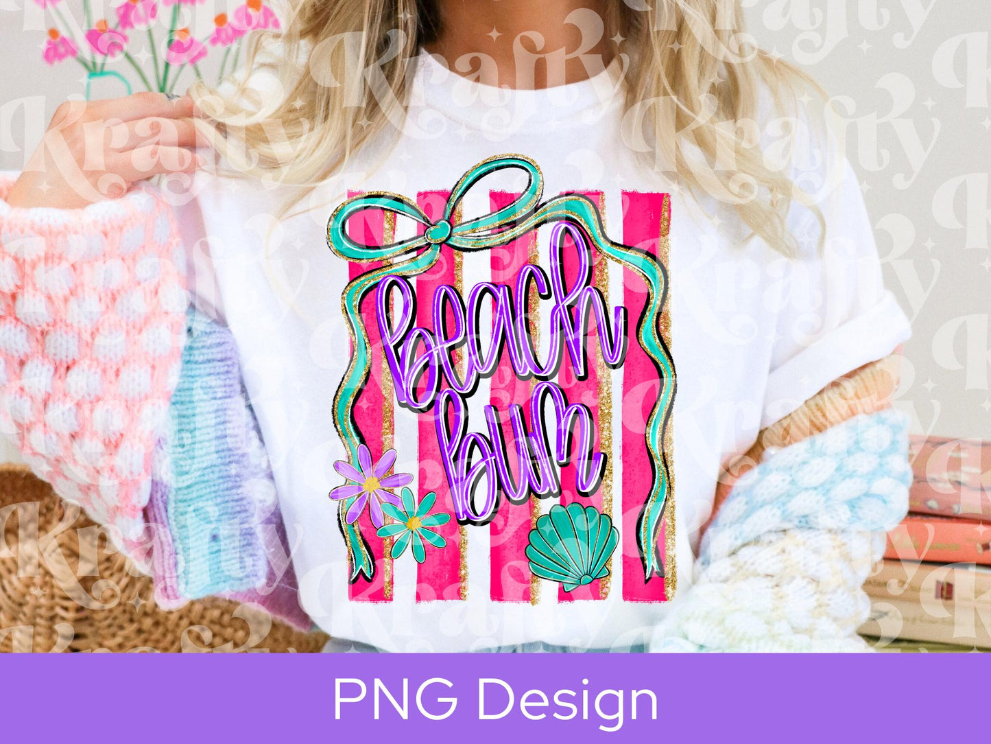 Preppy Beach Bum Striped PNG Design, Hand Lettered, Hand Drawn Bow