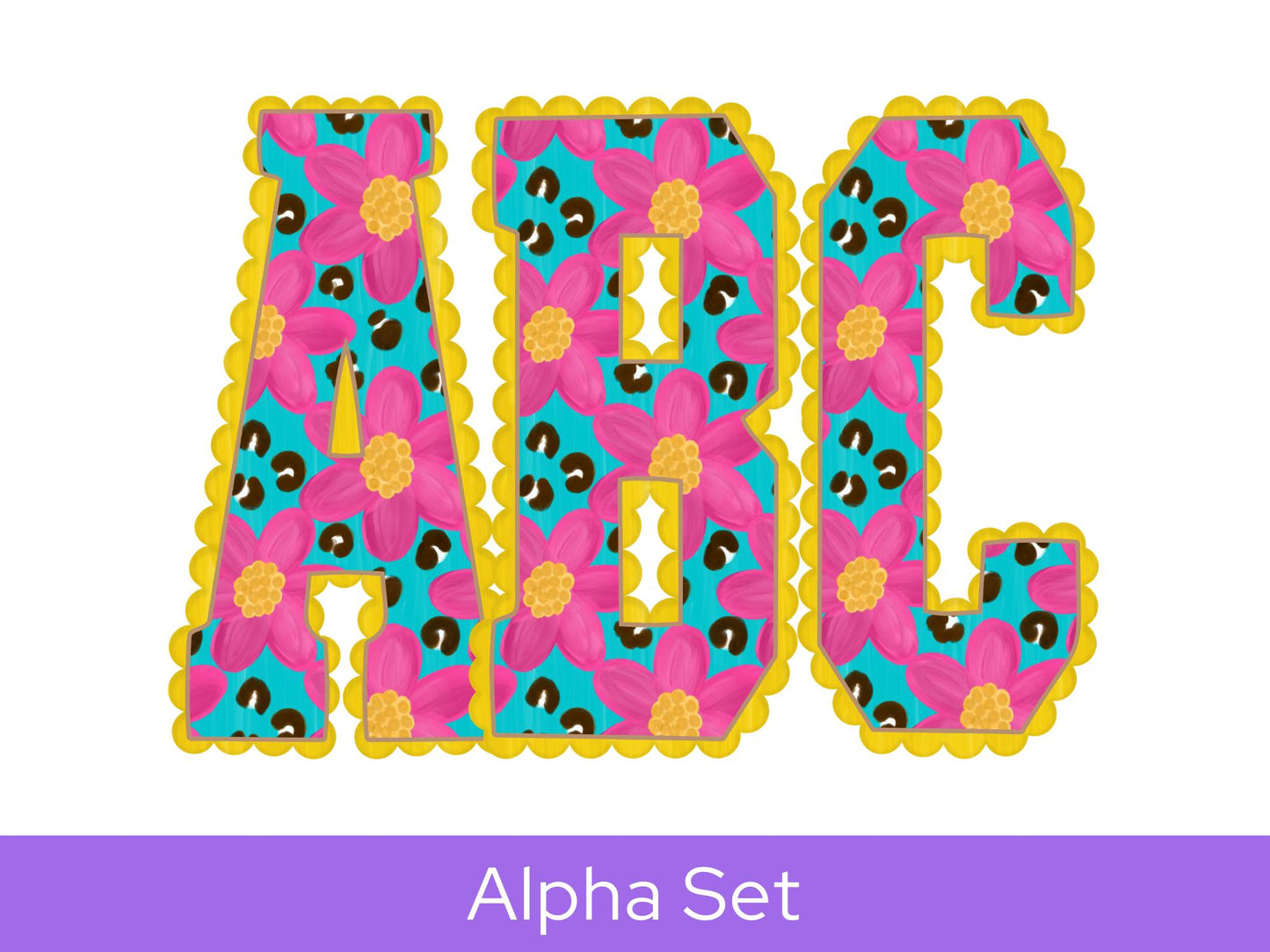 Leopard Print Floral Doodle Alpha Set, Alphabet Letters: Summer PNG Clipart, Commercial Use