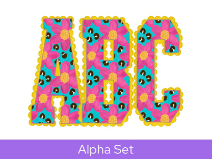Leopard Print Floral Doodle Alpha Set, Alphabet Letters: Summer PNG Clipart, Commercial Use