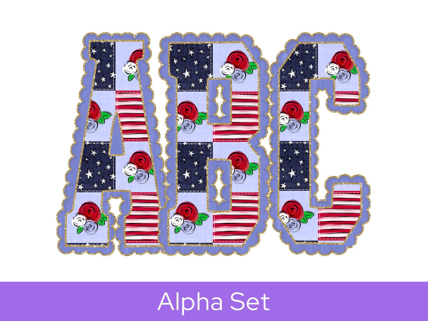 4th of July Floral Doodle Alpha Set, Alphabet Letters: Patriotic PNG Clipart