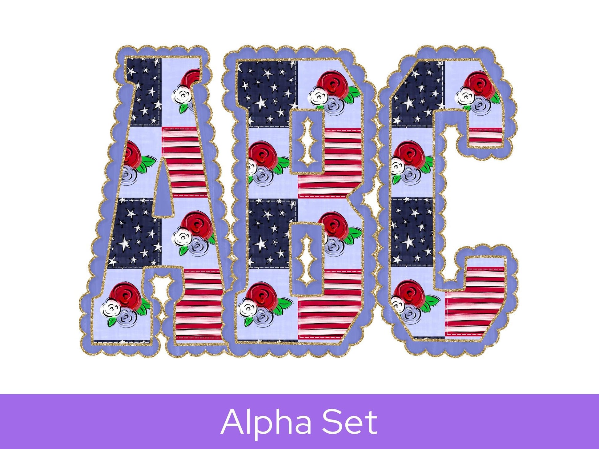4th of July Floral Doodle Alpha Set, Alphabet Letters: Patriotic PNG Clipart