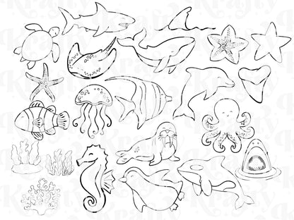 Marine Life Procreate Brush Stamps: Preppy Summer Beach Hand Drawn Commercial Use