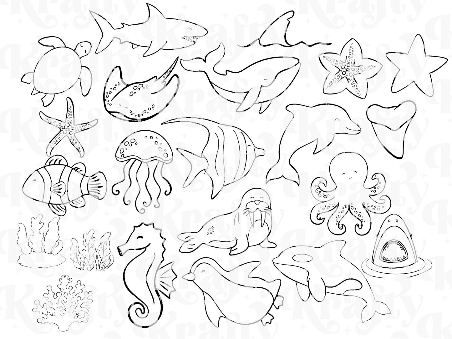 Marine Life Brush Stamps: Preppy Summer Beach Hand Drawn Commercial Use