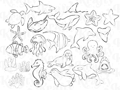 Marine Life Brush Stamps: Preppy Summer Beach Hand Drawn Commercial Use