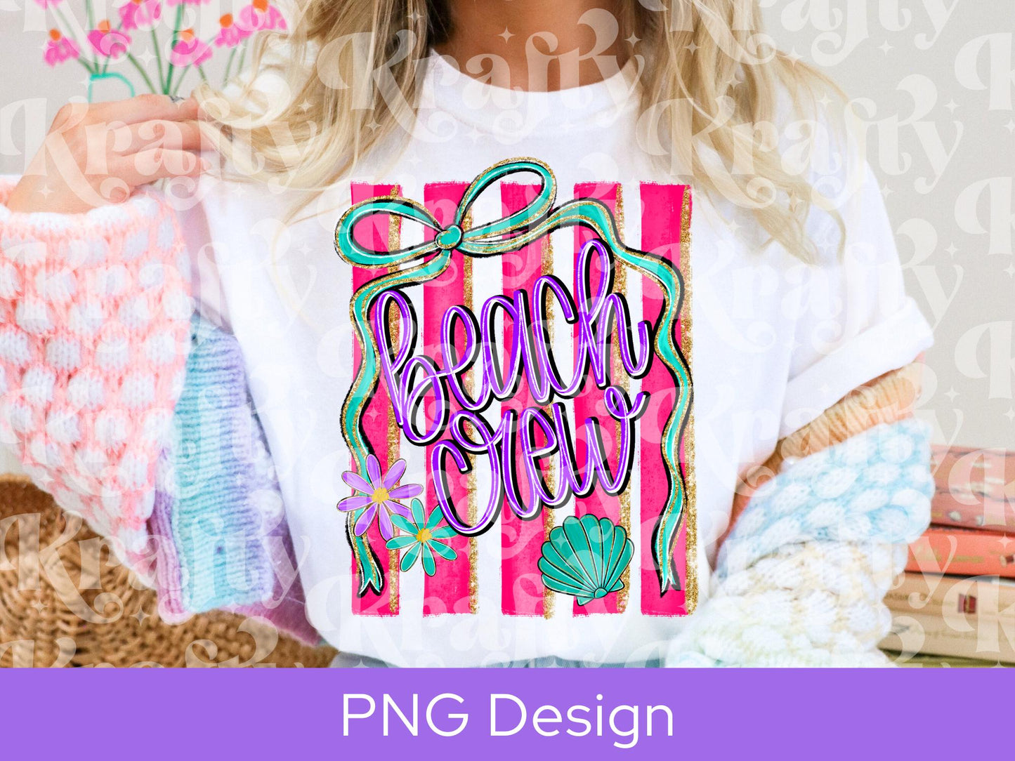 Preppy Beach Crew Striped PNG Design, Hand Lettered, Hand Drawn Bow