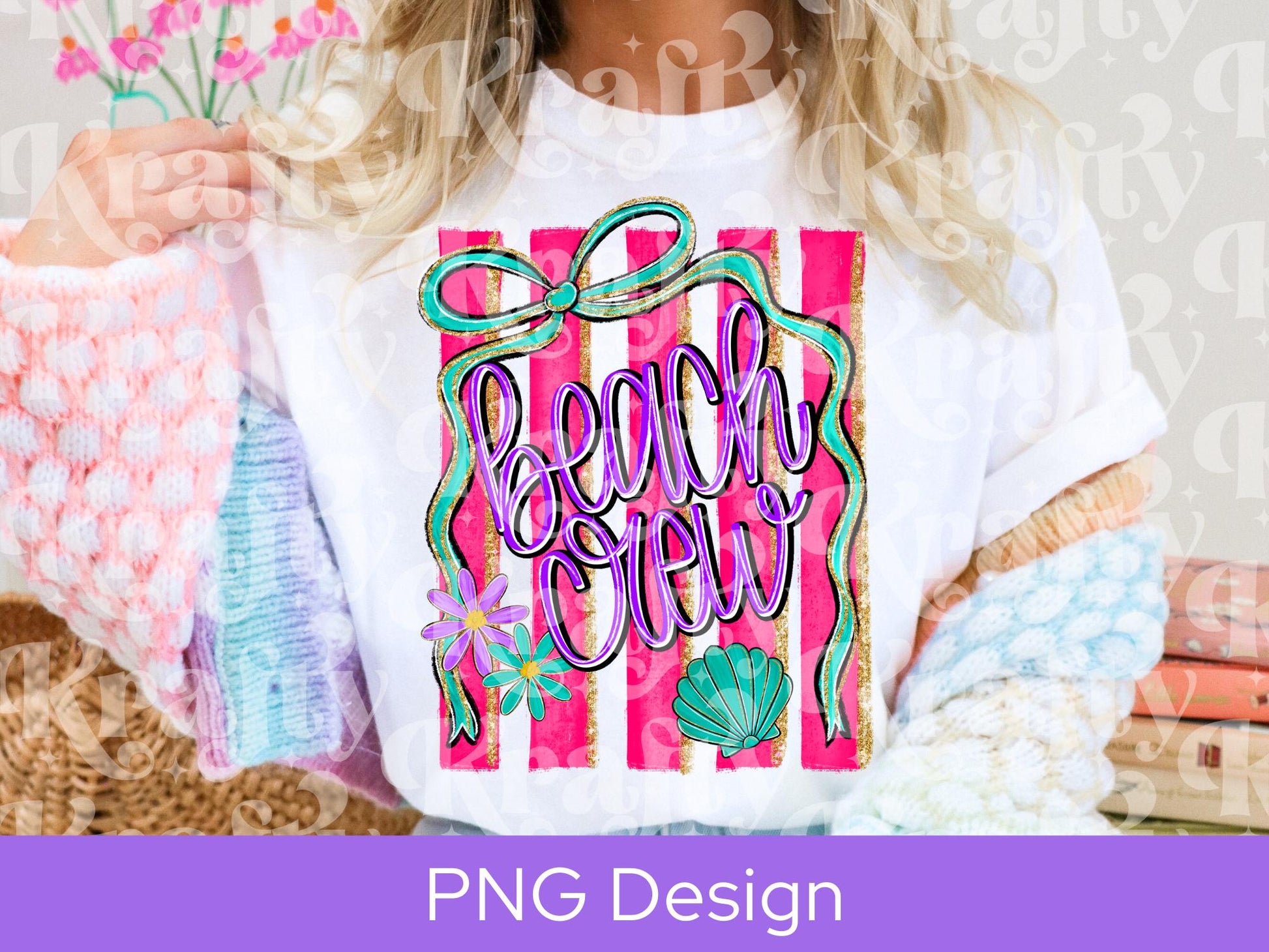 Preppy Beach Crew Striped PNG Design, Hand Lettered, Hand Drawn Bow