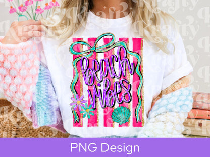 Preppy Beach Vibes Striped PNG Design, Hand Lettered, Hand Drawn Bow