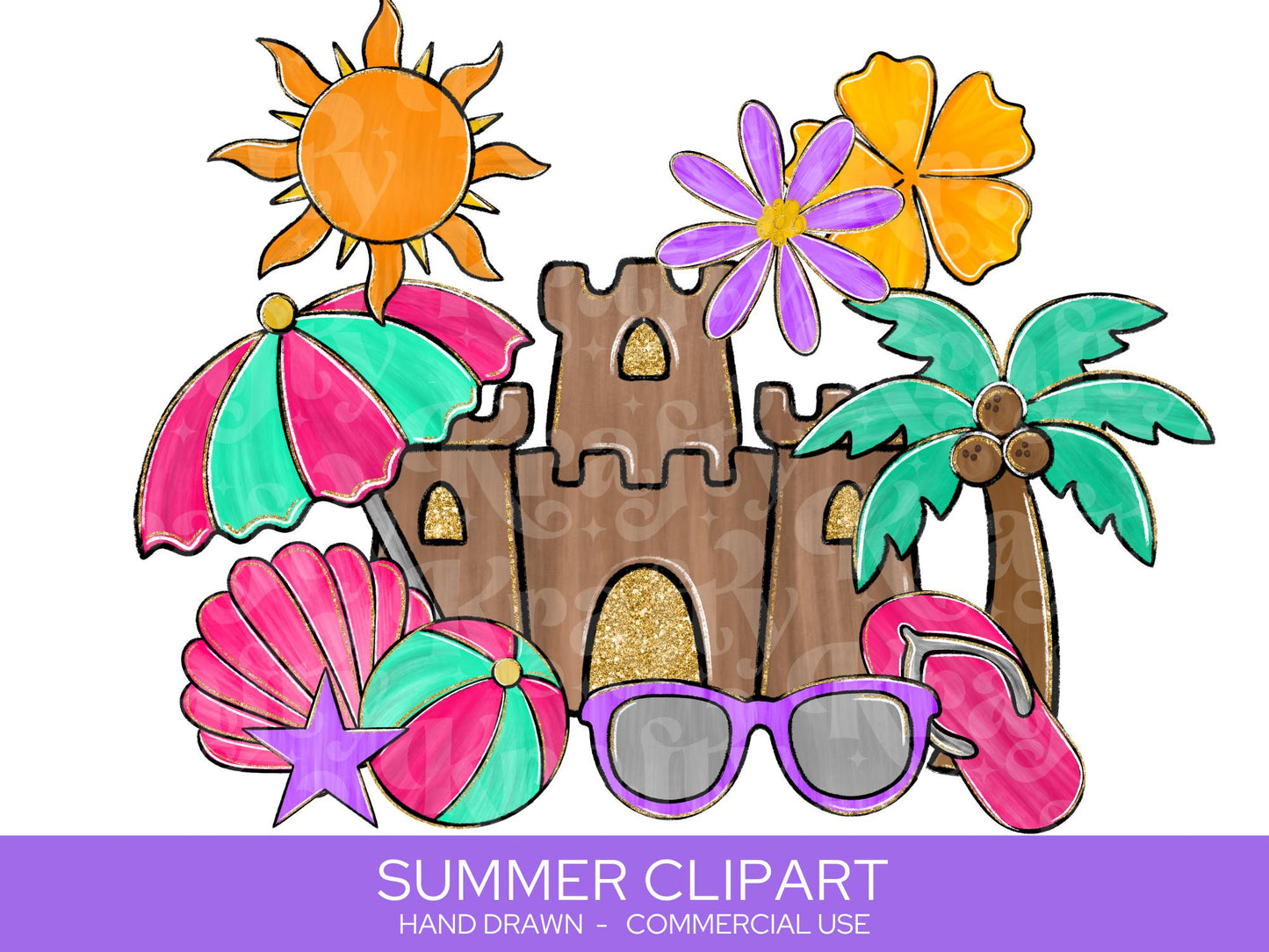 Summer Clipart PNG Bundle: Hand Drawn, Beach (Commercial Use Allowed)