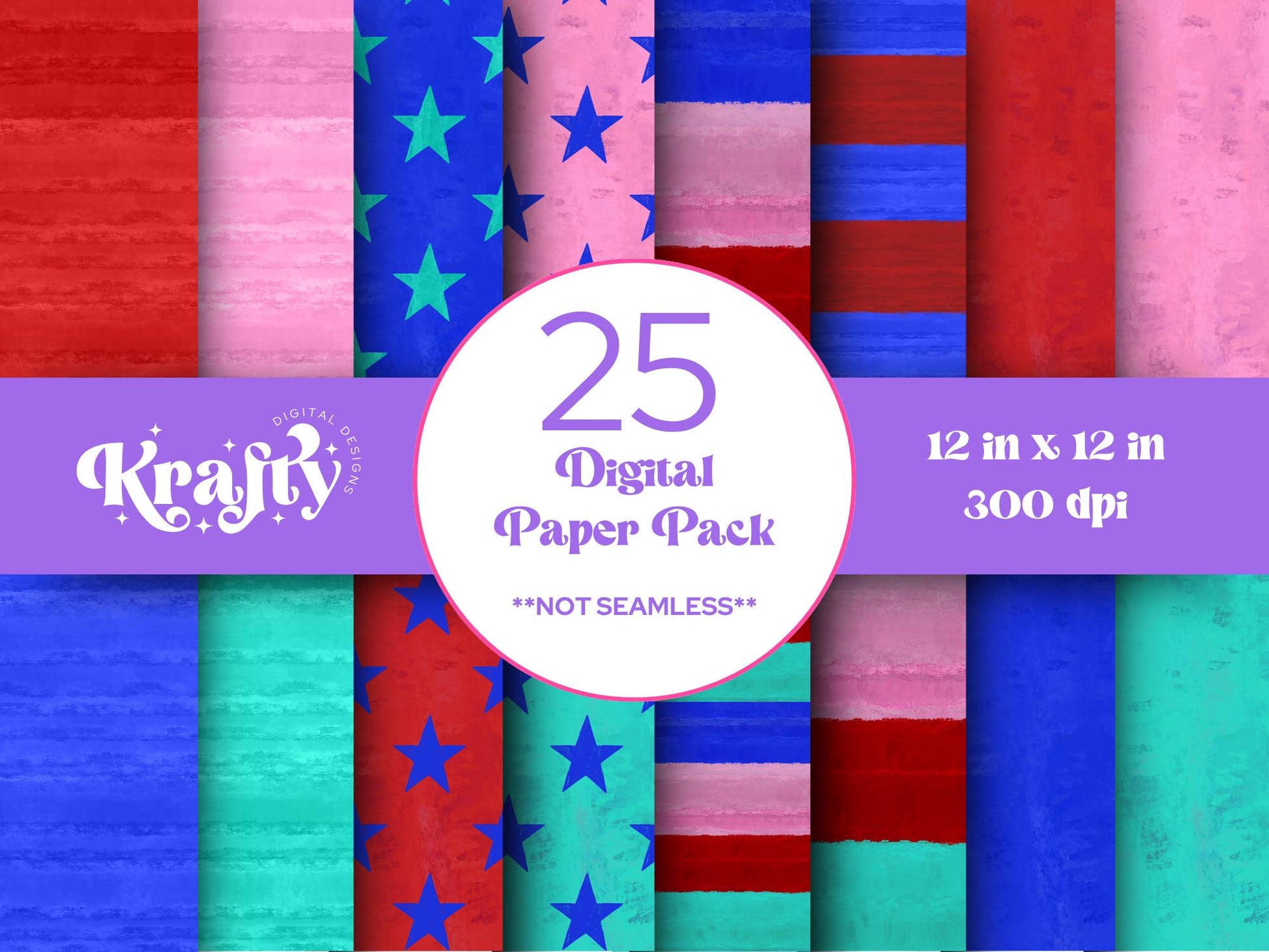 Hand Drawn 4th of July Digital Paper Bundle, Patriotic, American, Impasto Paint