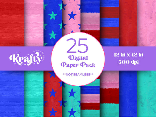 Hand Drawn 4th of July Digital Paper Bundle, Patriotic, American, Impasto Paint