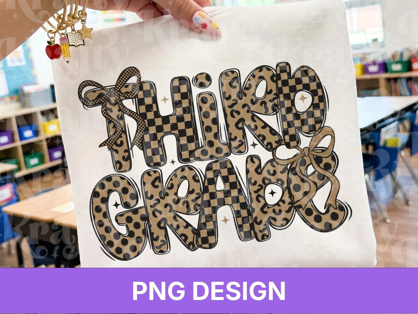 Third Grade PNG, Leopard Checkered Bow School Shirt Design, First Day of School Sublimation, Preppy Teacher Student Graphic