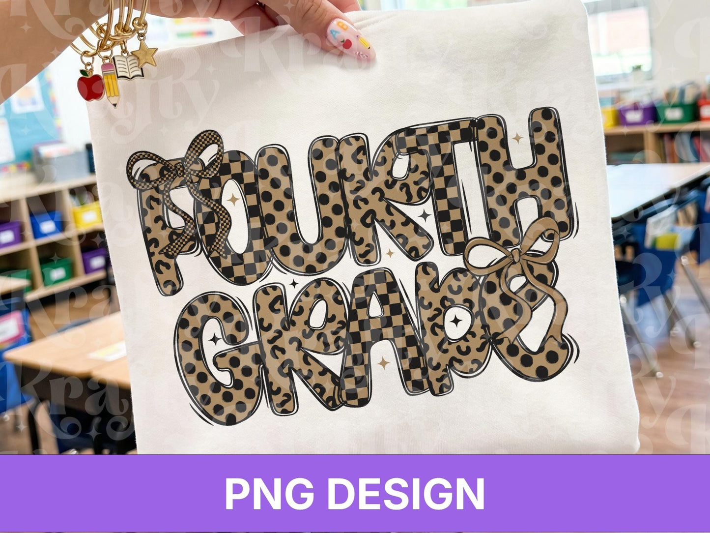 Fourth Grade PNG, Leopard Checkered Bow School Shirt Design, First Day of School Sublimation, Preppy Teacher Student Graphic