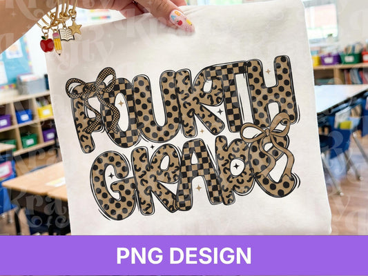 Fourth Grade PNG, Leopard Checkered Bow School Shirt Design, First Day of School Sublimation, Preppy Teacher Student Graphic