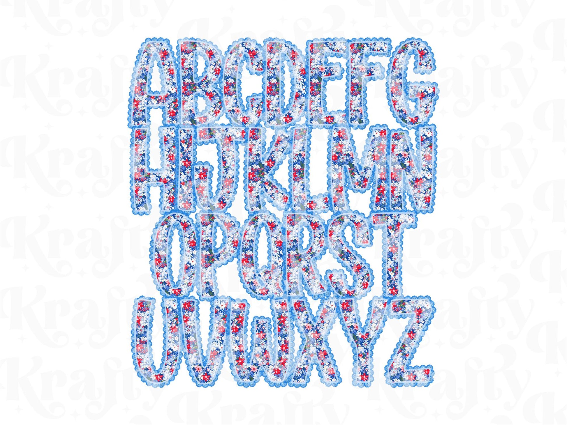 4th of July Floral Lace Alpha PNG Set, Alphabet Clipart, Hand Drawn Doodle Letters