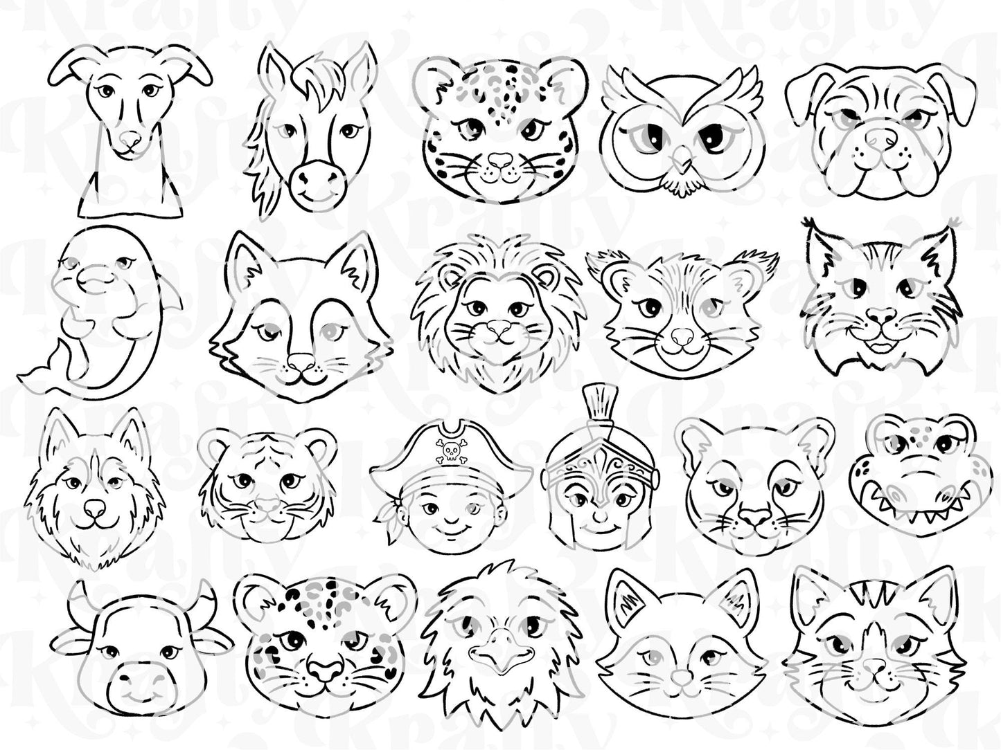 Kid Friendly Mascot Face Stamps, Hand Drawn, Commercial Use