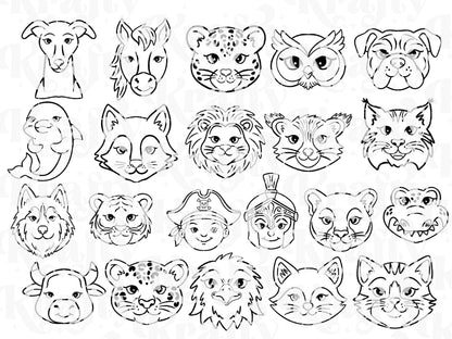 Kid Friendly Mascot Face Stamps, Hand Drawn, Commercial Use