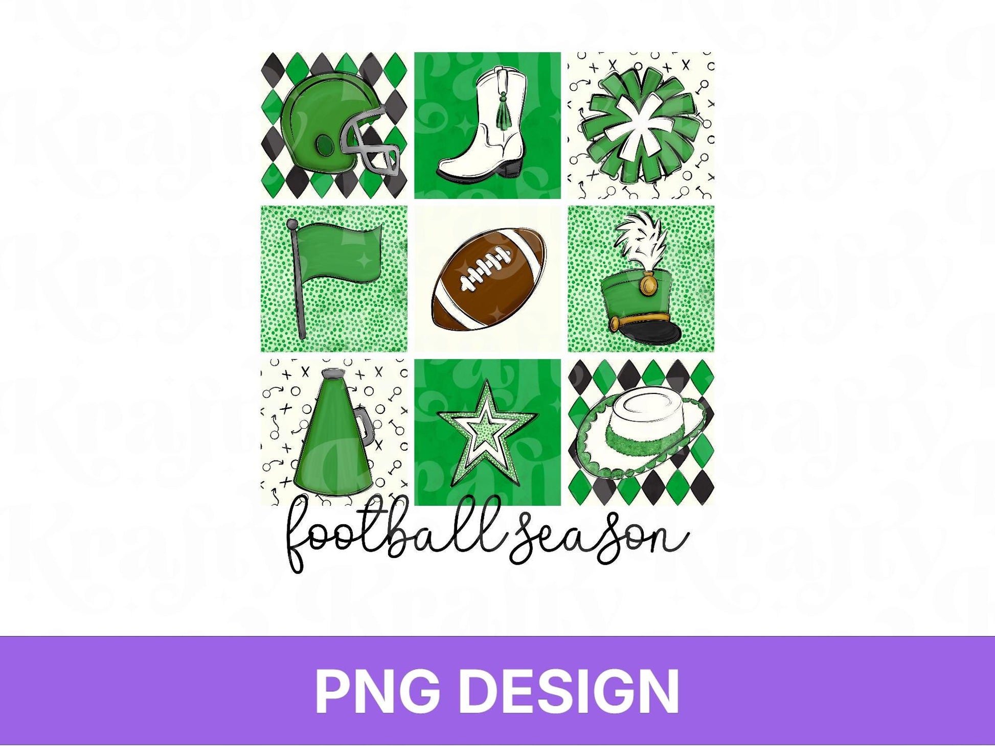 Checkered Football Season PNG: Game Day Shirt Design, School Spirit, Green