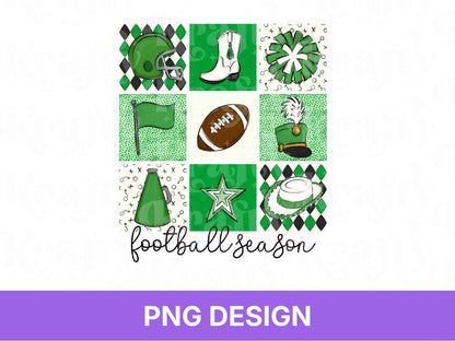 Checkered Football Season PNG: Game Day Shirt Design, School Spirit, Green