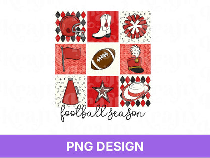 Checkered Football Season PNG: Game Day Shirt Design, School Spirit, Red