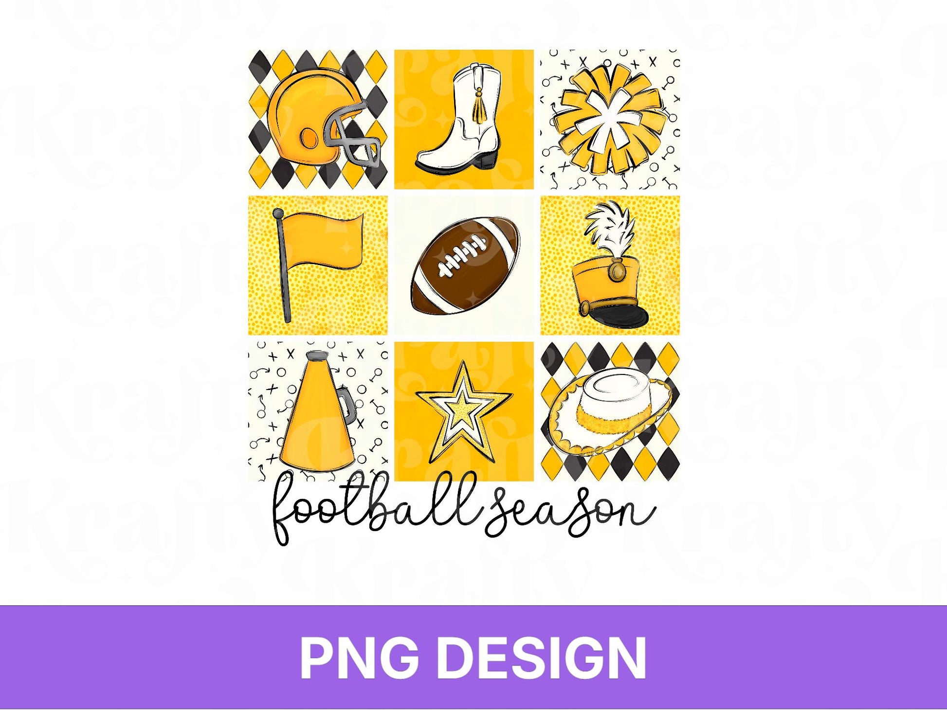 Checkered Football Season PNG: Game Day Shirt Design, School Spirit, Yellow