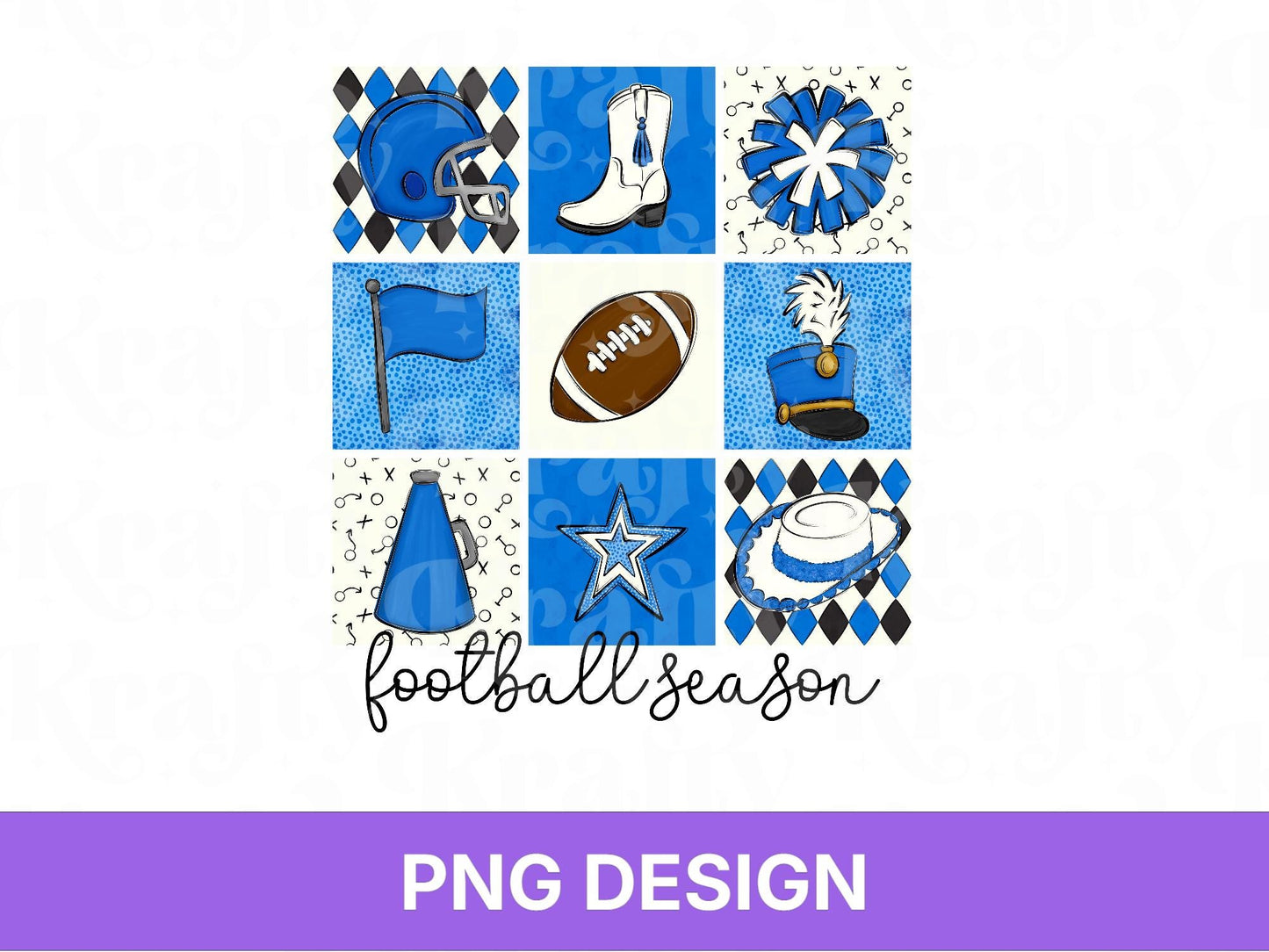 Checkered Football Season PNG: Game Day Shirt Design, School Spirit, Blue