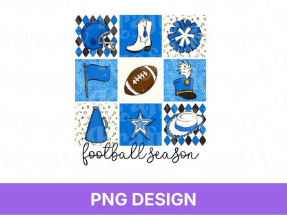 Checkered Football Season PNG: Game Day Shirt Design, School Spirit, Blue