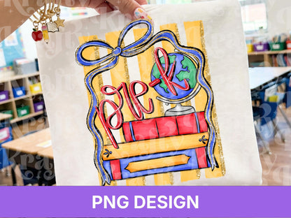 Preppy Striped Back to School PNG, Coquette Teacher Shirt Design, First Day of School, Pre-K