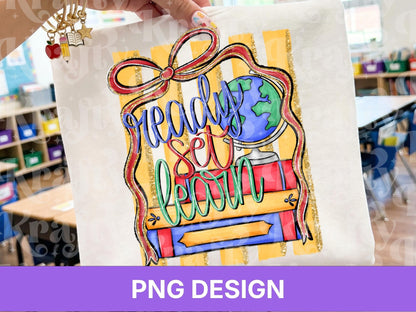 Preppy Striped Back to School PNG, Coquette Teacher Shirt Design, First Day of School, Ready Set Learn