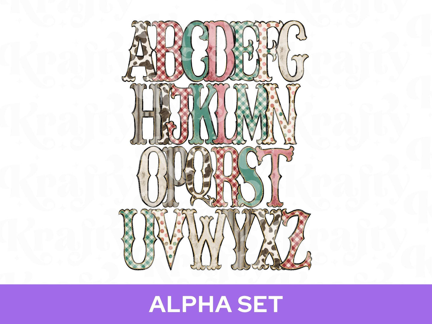 Western Cowhide Alpha Set PNG Bundle, Cow Print Alphabet Letters, Glitter Outline, Rodeo Letter Clipart, Cowgirl Alpha Doodle