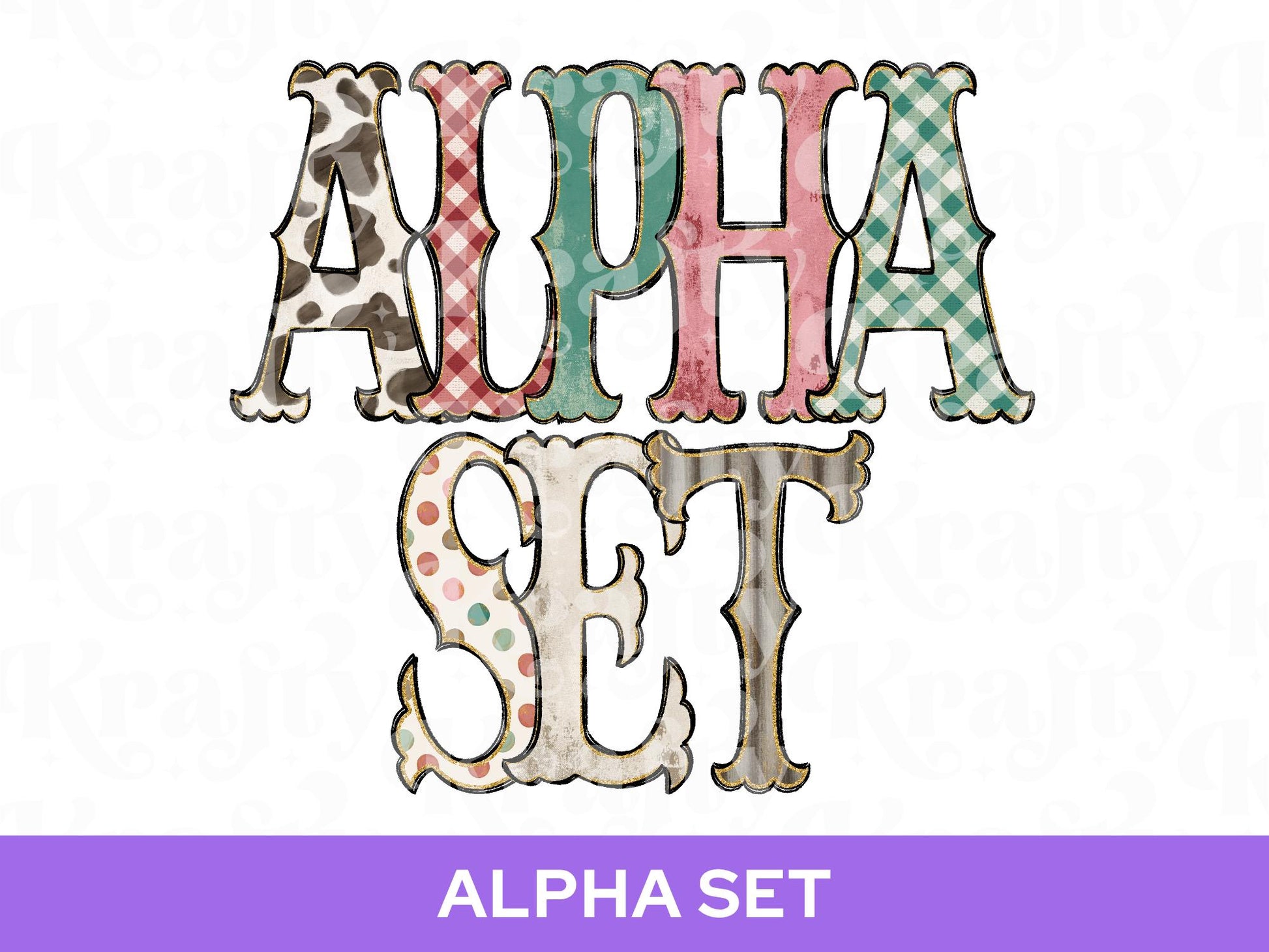 Western Cowhide Alpha Set PNG Bundle, Cow Print Alphabet Letters, Glitter Outline, Rodeo Letter Clipart, Cowgirl Alpha Doodle