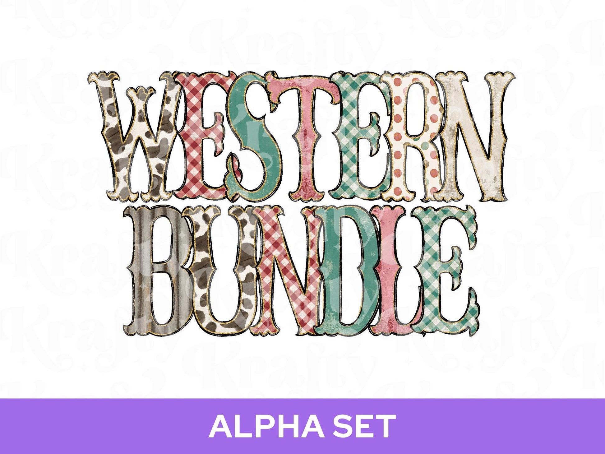 Western Cowhide Alpha Set PNG Bundle, Cow Print Alphabet Letters, Glitter Outline, Rodeo Letter Clipart, Cowgirl Alpha Doodle