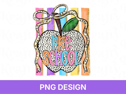 Preppy Striped Back to School Apple PNG, Coquette Teacher Shirt Design, First Day of School, Pre-K