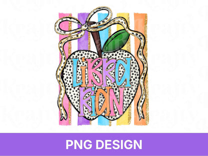Preppy Striped Librarian PNG, Back to School, Apple Coquette, Shirt Design, First Day of School, Hand Drawn, Book Lover