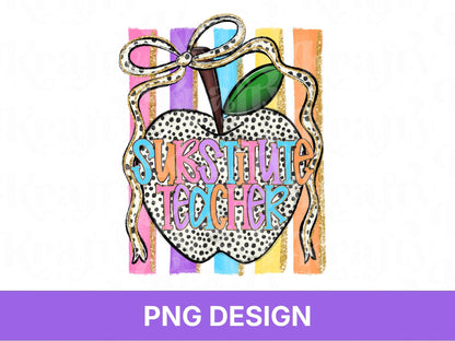 Preppy Striped Substitute Teacher PNG, Back to School, Apple Coquette, Shirt Design, First Day of School, Hand Drawn