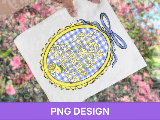 Easy Peasy Lemon Squeezy PNG, Blue Gingham Summer Shirt Design, Preppy Citrus Sublimation, Coquette Bow Graphic